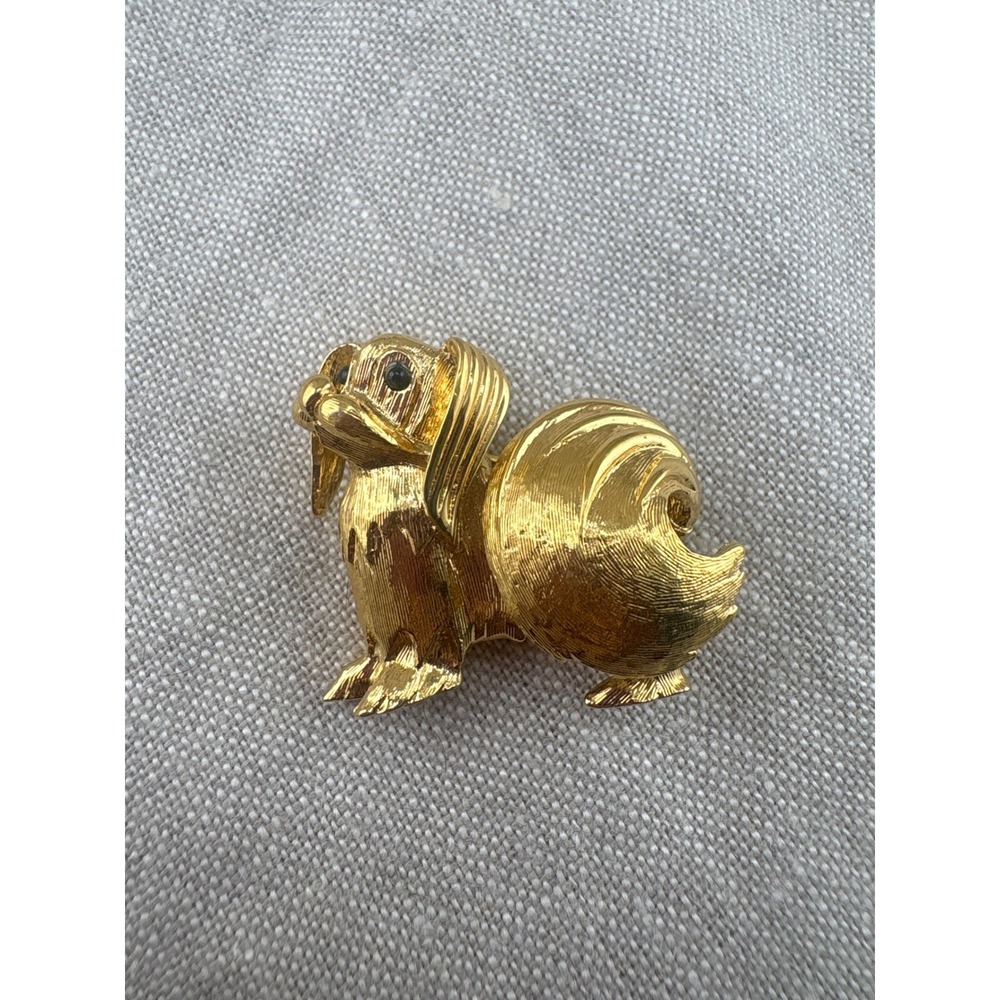 Vintage D'Orlan Gold Tone Textured Dog Brooch Pin Black Rhinestone Eyes Canada